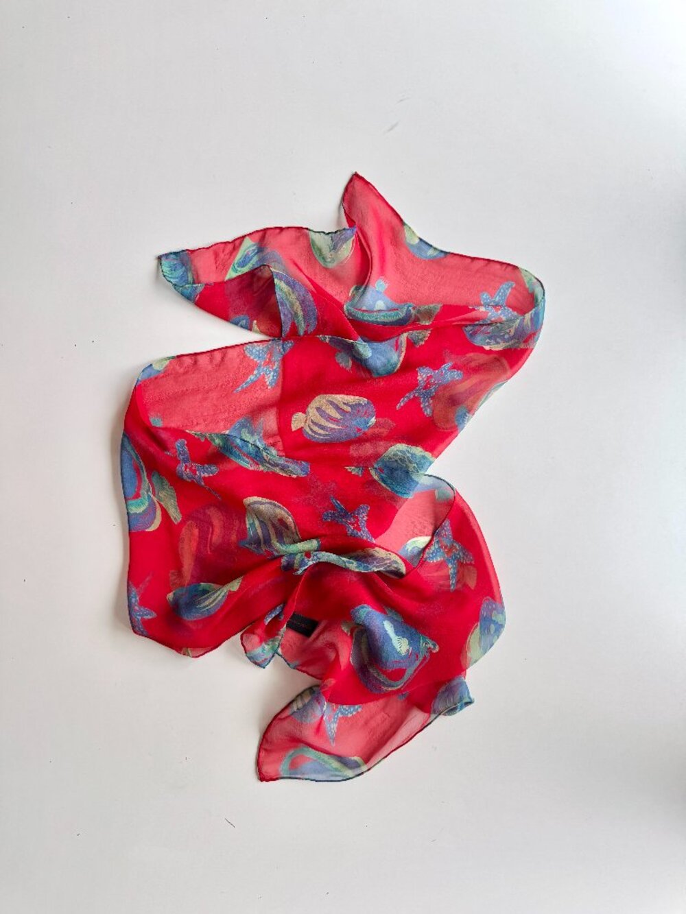 REDFISH DESIGNS Red Blue Fish Print Silk Georgette 58" x 12" Rectangle Scarf